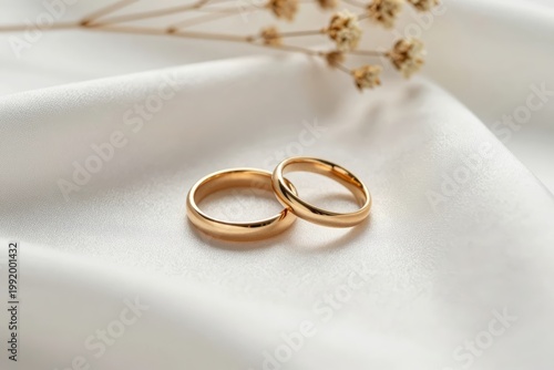 Golden wedding rings placed on soft fabric with small dried flowers nearby in a simple setting