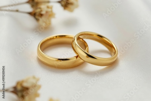 Golden wedding rings placed on a soft fabric with small flowers in the background