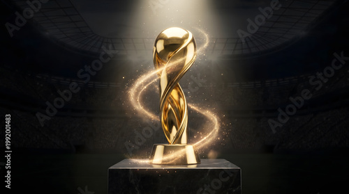 Golden Concept Champion Trophy on a Dark Pedestal with Surrounding Magical Energy in an Arena