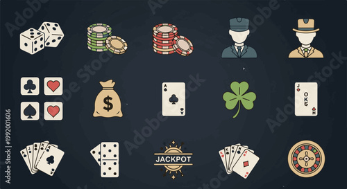A collection of casino and gambling themed icons including dice, cards, and chips