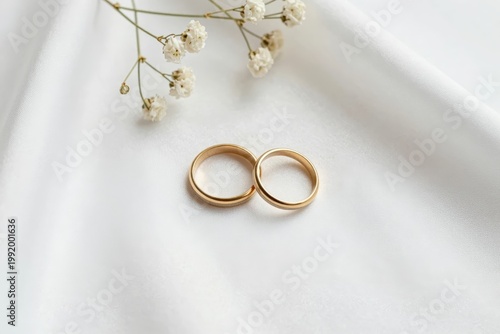 Two gold wedding rings placed on a white fabric with small white flowers beside them