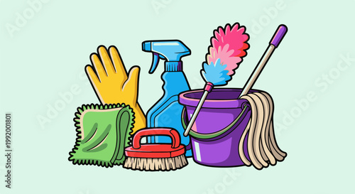 A collection of colorful cleaning supplies including a glove, cloth, brush, spray bottle, duster, and bucket
