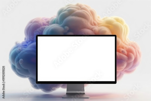 Empty computer screen with colorful clouds in the background creating a digital scene