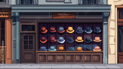 Pixelated artwork depicts a hat shop, showcasing a variety of fedoras in a detailed street scene
