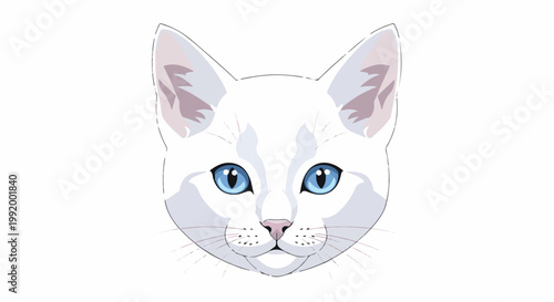 A close-up portrait of a white cat with striking blue eyes and soft pink accents in its ears and whiskers