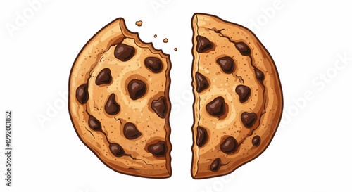 A close-up pixelated illustration shows a broken chocolate chip cookie divided into two halves