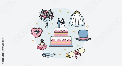 A collection of wedding icons including a cake, bouquet, rings, and attire