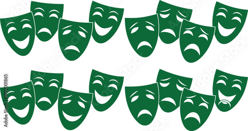 Green theater masks pattern comedy and tragedy symbolism in repetition