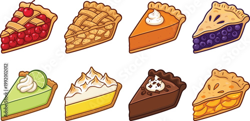 Pie dessert cartoon vector collection with fruit, chocolate and cream slices, sweet bakery illustration set for menu, cafe and pastry design