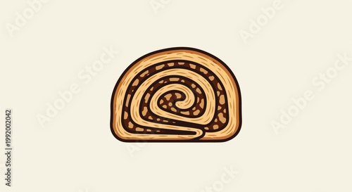A close-up illustration of a swirled cinnamon roll with a light beige background