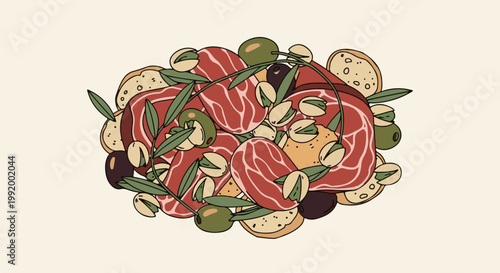 A close-up illustration of cured meat slices, olives, pistachios, and bread slices