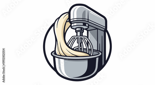 A close-up illustration of a stand mixer with dough being mixed within the bowl