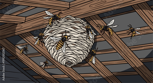 A colony of wasps builds a nest under wooden rafters, creating a natural structure