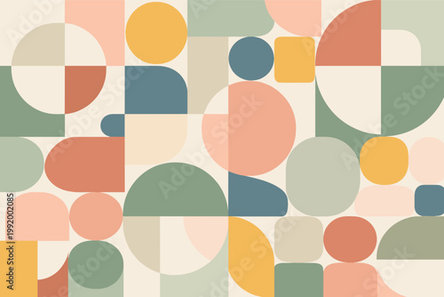 Abstract Geometric Pattern Vector Illustration with Playful Composition of Circles, Squares, and Rounded Rectangles in Muted Earthy Tones like Sage Green, Terracotta, Mustard, and Slate Blue