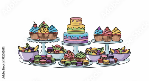 A colorful assortment of cakes, cupcakes, macarons, and fruit bowls arranged on display