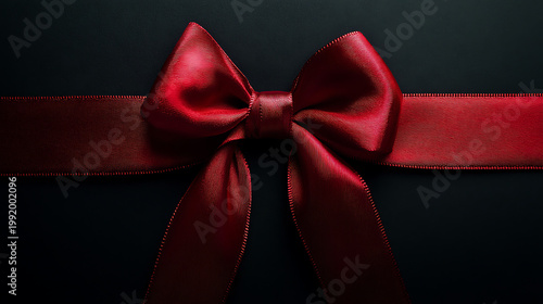 A close-up of a beautiful red ribbon tied in a bow on a dark background
