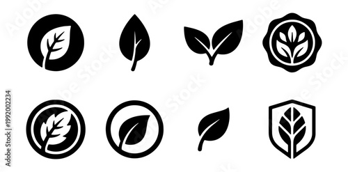 Eco friendly leaf icons, black and white vector graphics, nature symbols, logo elements