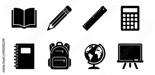 School, education icons, black set, 8 elements, vector graphics