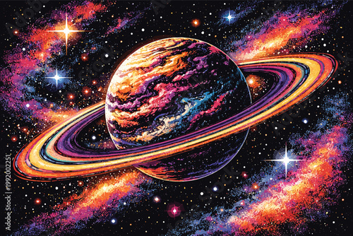 Vibrant stipple art illustration of a ringed planet surrounded by a colorful nebula. Abstract cosmic background with stars, galaxies, and celestial bodies in a pointillism style for space.