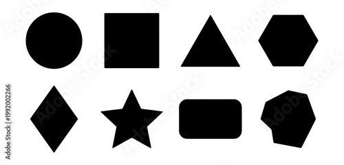 Geometric shapes, black icons, vector graphics, basic forms