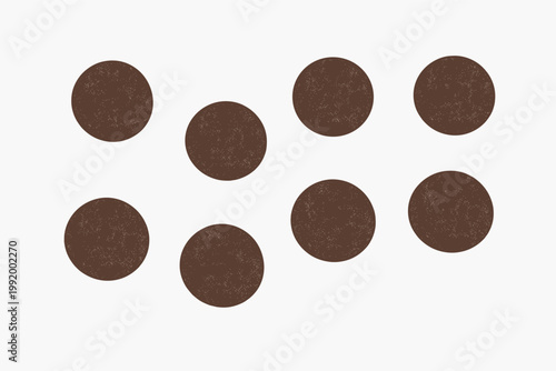 Minimalist vector illustration of eight dark brown textured circles isolated on a white background. Grainy speckled dots with a vintage distressed feel for abstract graphic design and patterns.