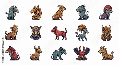 A collection of pixelated mythical creatures in various poses and colors