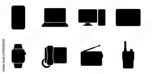 Electronics icons, device silhouettes, technology symbols, gadget graphics