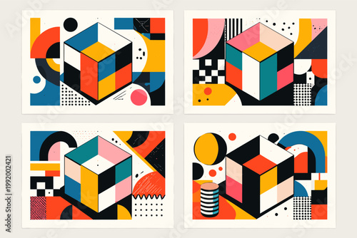 Set of four postmodern abstract geometric vector illustrations with bold minimalist compositions, featuring isometric cubes and vibrant shapes in a trendy Bauhaus-inspired graphic design style.