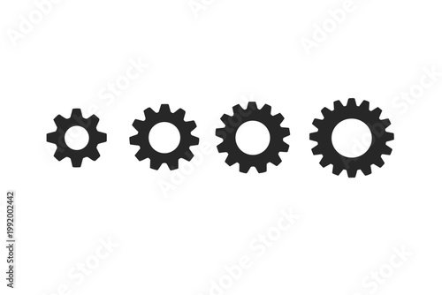 Set of Four Black Gear Icons with Different Sizes and Number of Teeth, Minimalist Flat Vector Illustration of Industrial Mechanical Cogwheels for Engineering, Technology, and Settings Interface