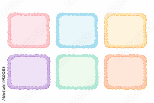 Set of Cute Fluffy Square Frames with Wavy Cloud-Like Borders in Pastel Colors; Playful Textbox Shapes and Message Boxes for Social Media Highlights, Quotes, and Creative Graphic Design Elements