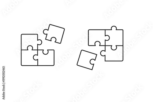 Vector illustration of two four-piece jigsaw puzzles with one piece detached, representing teamwork, problem solving, and missing links, minimalist black line art icon set on white background.