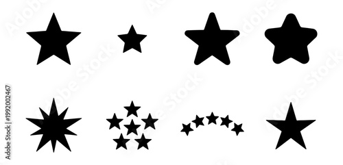 Black star icons, starburst symbols, star shapes, rating stars