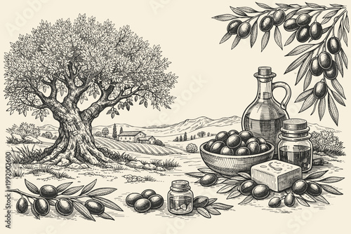 Vintage hand-drawn sketch of an olive tree and Mediterranean farm products. Extra virgin olive oil bottle, bowl of olives, natural soap, and rural landscape. Organic food and cosmetic banner design.