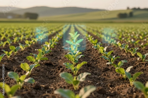 Farmers use technology to monitor crops in a field during sunset in rural location