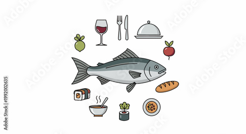 A collection of seafood and meal icons arranged in a circular pattern around a large fish