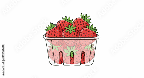A clear plastic container filled with ripe red strawberries and green leaves on a white background