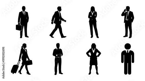 Black business people icons, professional silhouettes, office workers, corporate vector graphics