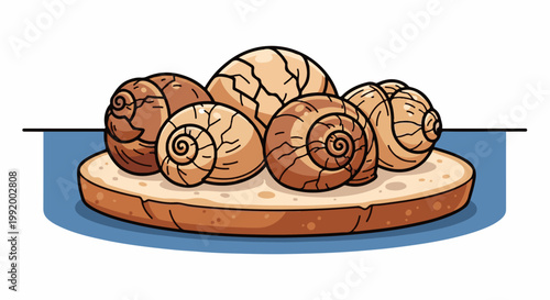 A cluster of spiral snail shells artfully arranged on a toasted bread slice