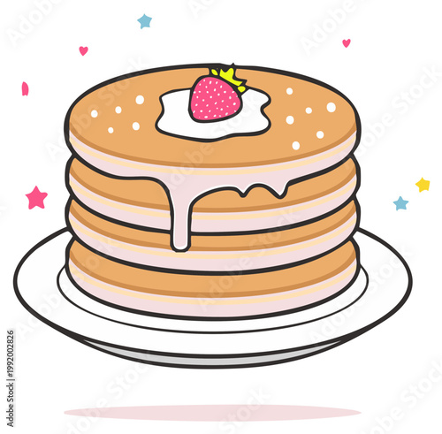 Sweet stack of fluffy pancakes topped with fresh strawberry and creamy icing served on a white plate, surrounded by whimsical stars and hearts.