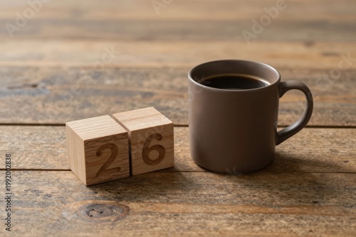Wooden blocks show number 26 next to a cup of coffee on a wooden table during morning