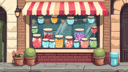 A charming pixel art illustration of a store front, showcasing jars of colorful candies