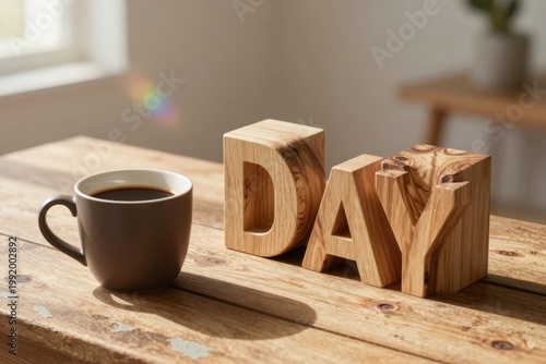 Morning coffee beside wooden blocks spelling day on rustic table in bright room
