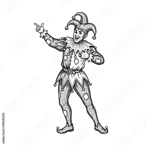 Jester Character Illustration, Pointing Finger, Medieval Costume, Sketch Style