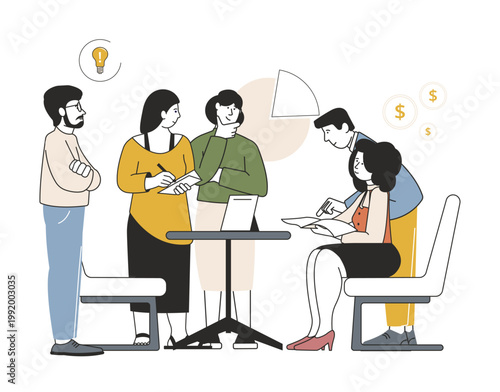 Business characters discuss ideas. New project, investors and sellers, corporate teamwork or brainstorming. Entrepreneurship and goal setting, vector scene