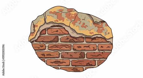 A circular section of a crumbling brick wall with peeling plaster