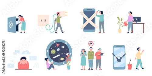 Digital detox scenes. Gadgets turn off, take break from smartphones, tablets, laptop. People disconnected and taking break, life balance, recent vector scenes