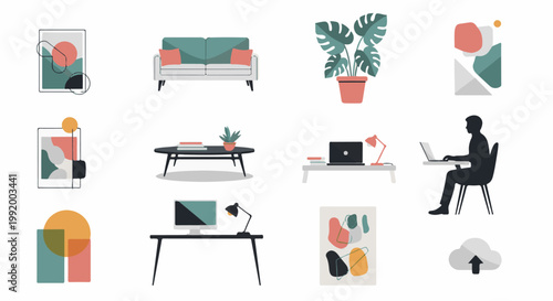 A collection of abstract art, home decor, and office scenes with a modern aesthetic