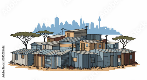A cluster of makeshift homes with a city skyline in the distance
