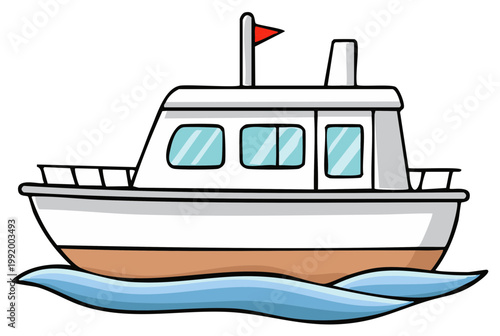 Cute cartoon motorboat illustration with red flag and blue waves