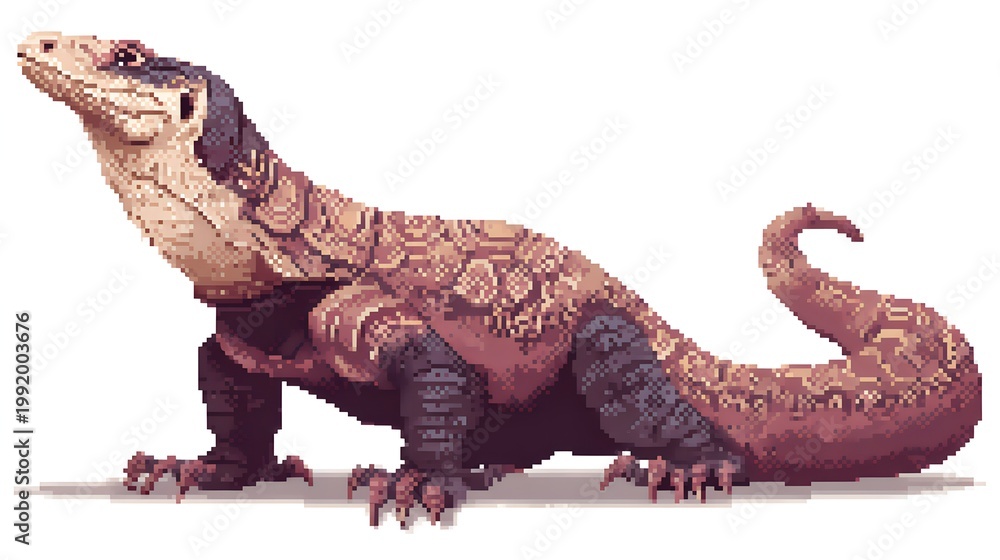 Fototapeta premium Detailed pixel art of a light colored Komodo dragon reptile.